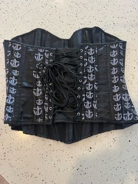 Black Anchor-Print Lace-Up Bustier Corset Top